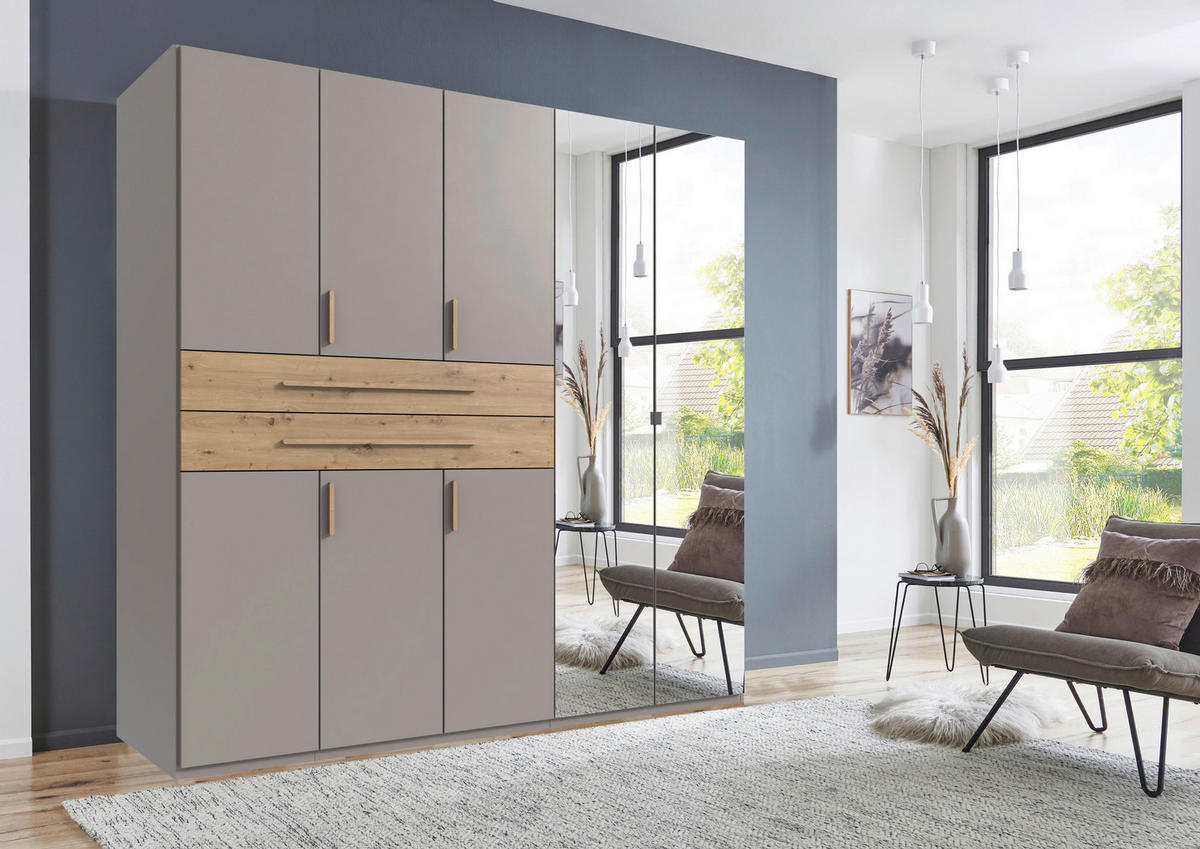 OMARA ZA OBLAČILA, siva, sahara, hrast artisan  - sahara/siva, Design, steklo/leseni material (225/208/65cm) - Carryhome