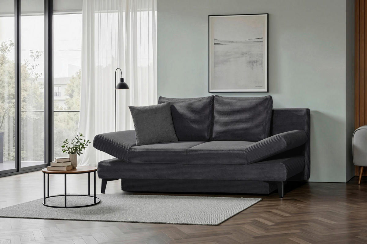 SCHLAFSOFA Cord Anthrazit  inkl. Bettkasten, Schlaffunktion, Armteilverstellung  - Anthrazit/Schwarz, Design, Textil/Metall (200/85/90cm) - Novel