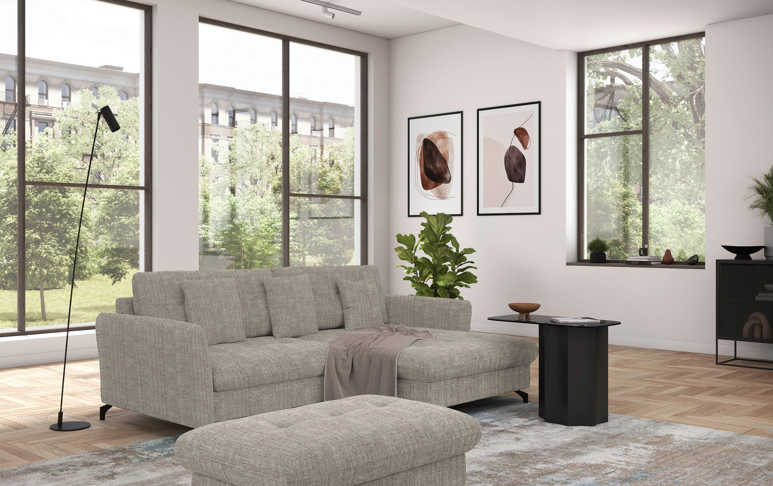 ECKSOFA in Flachgewebe, Leinenoptik Hellbraun 242/170 cm - Hellbraun/Schwarz, Design, Textil/Metall (242/170cm) - Xora