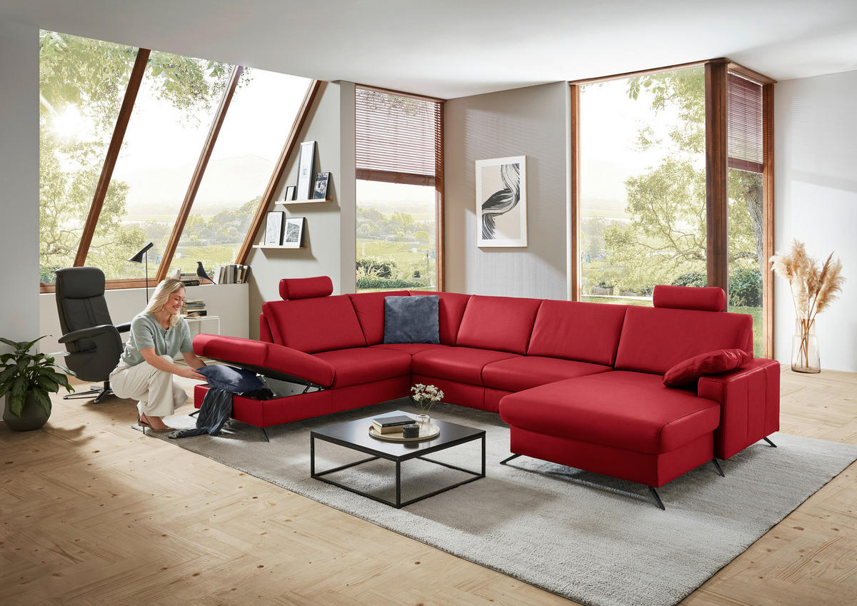 WOHNLANDSCHAFT in Echtleder Rot  - Rot/Schwarz, Design, Leder/Metall (233/339/165cm) - Beldomo Premium