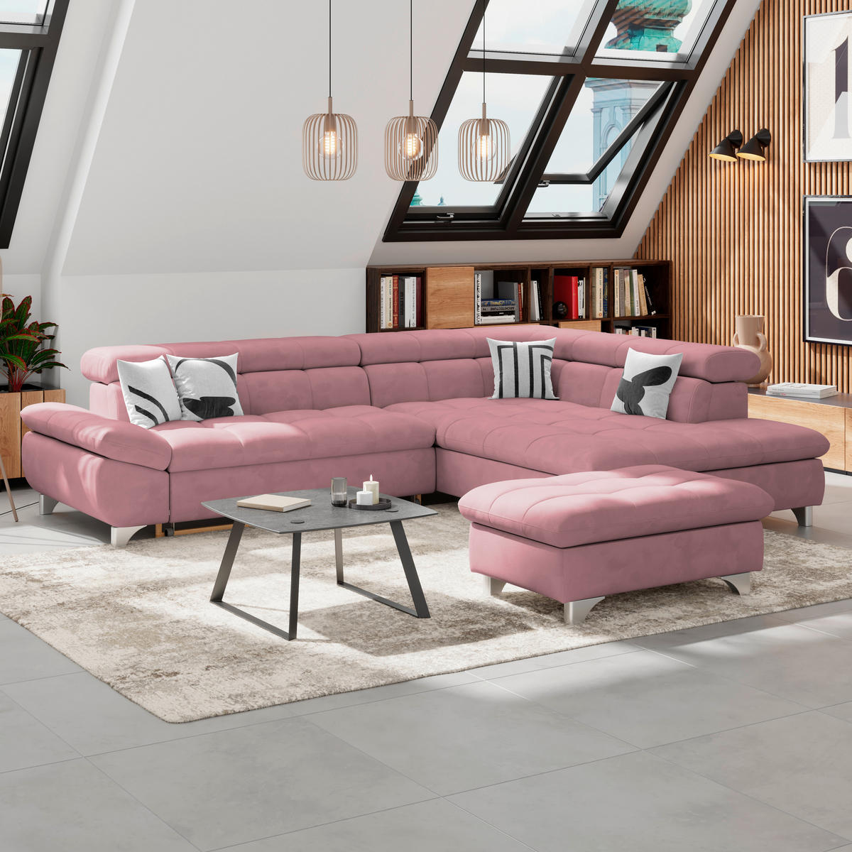 HOCKER Chenille Rosa  - Chromfarben/Rosa, KONVENTIONELL, Textil/Metall (108/46/108cm) - Livetastic