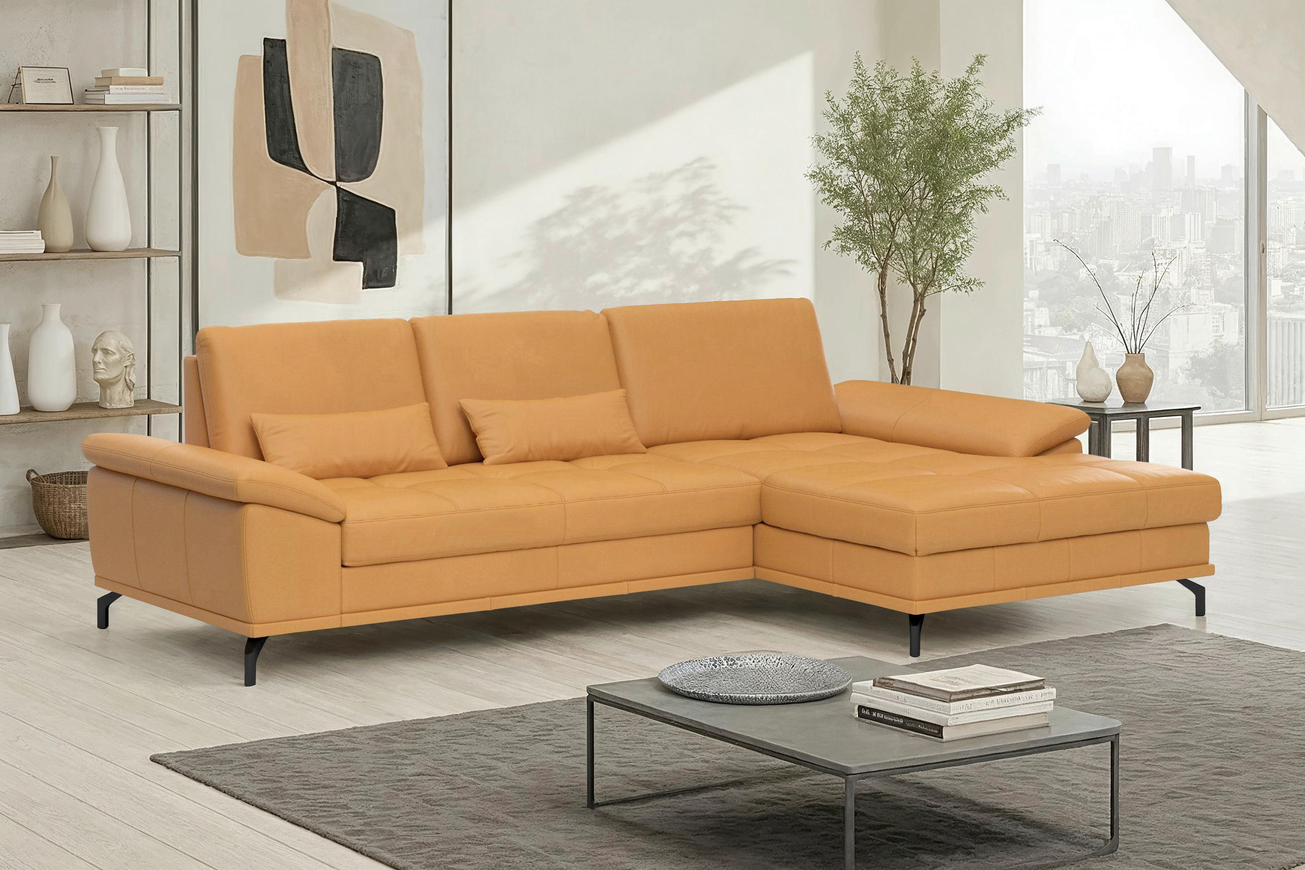 ECKSOFA COSTELLO E Currygelb Echtleder Nierenkissen, Armteilverstellung, Sitztiefenverstellung  - Currygelb/Schwarz, Basics, Leder/Textil (301/176cm) - Sit & More