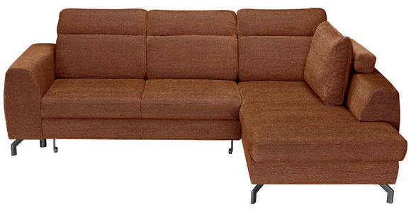 ECKSOFA Cognac Chenille  inkl. Zierkissen, Bettkasten, Schlaffunktion, Rücken echt, Kopfteilverstellung, Liegefläche im Originalstoff  - Cognac/Schwarz, KONVENTIONELL, Textil/Metall (266/185cm) - Carryhome