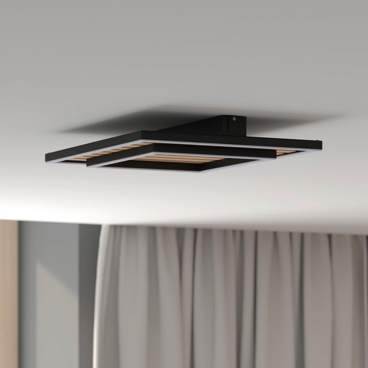 STROPNÍ LED SVÍTIDLO, 40/40/6 cm - černá, Design, kov/dřevo (40/40/6cm) - Novel