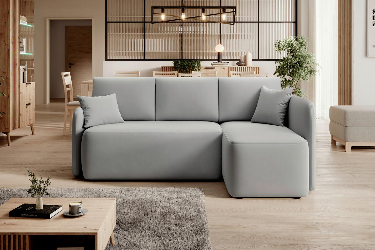 ECKSOFA in Plüsch Hellgrau   - Hellgrau/Schwarz, Design, Kunststoff/Textil (206cm) - MID.YOU