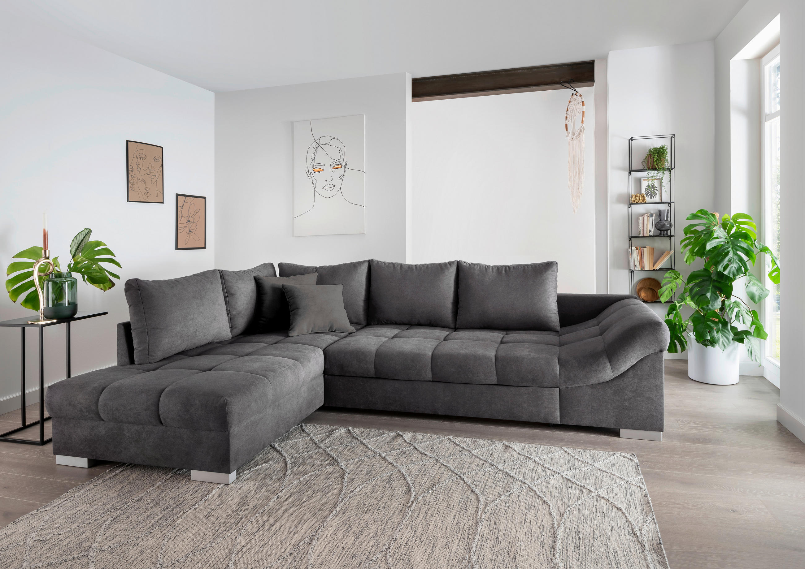 ECKSCHLAFSOFA Anthrazit Mikrofaser  - Anthrazit/Silberfarben, Design, Holz/Textil (202/298cm) - MID.YOU