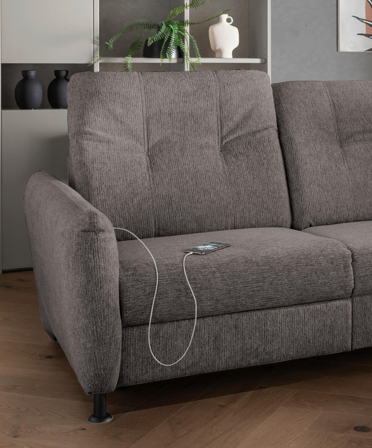 ECKSOFA in Chenille Graubraun  - Graubraun/Schwarz, Modern, Textil/Metall (270/198cm) - Livetastic