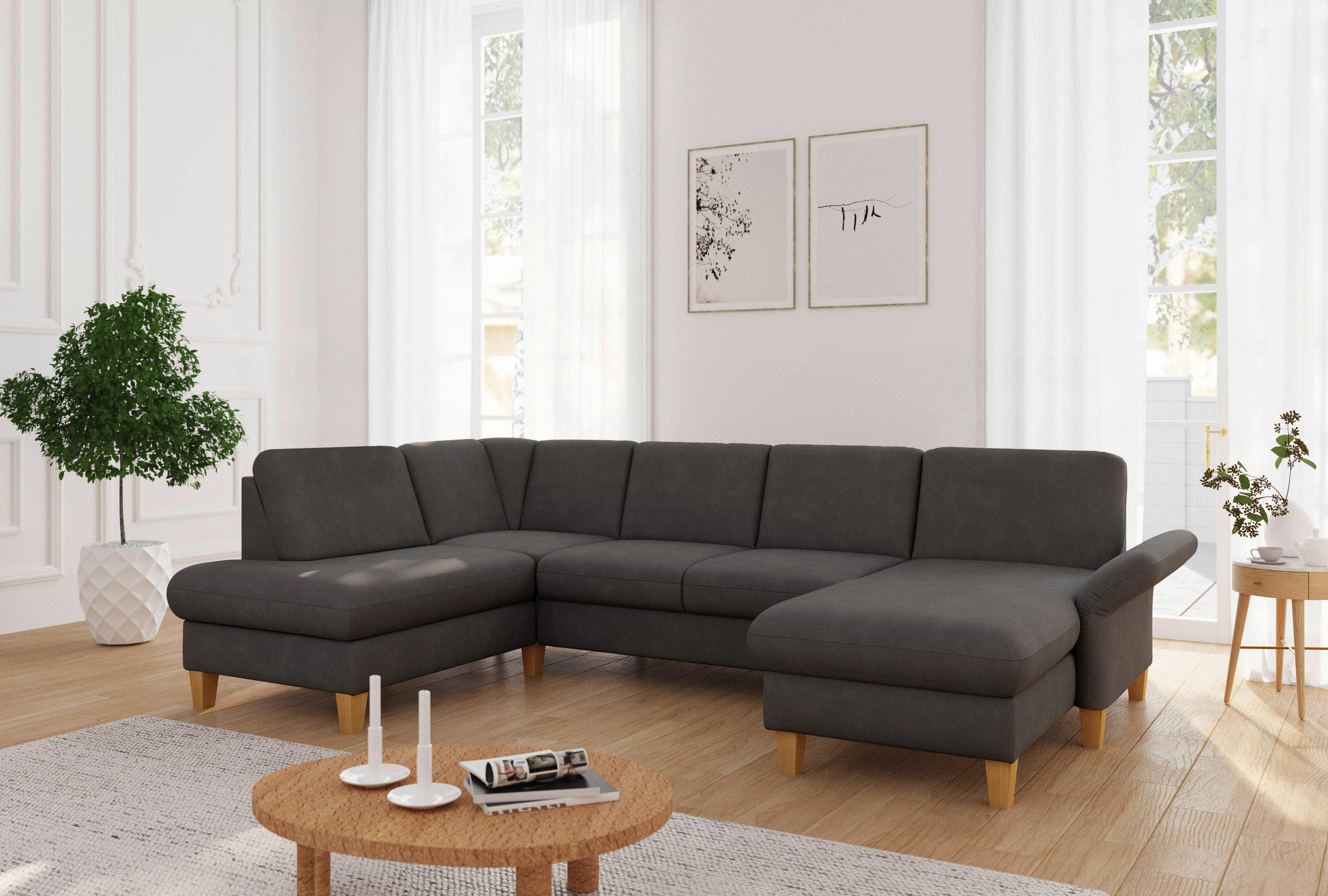 WOHNLANDSCHAFT Graphitfarben Flachgewebe  - Eichefarben/Graphitfarben, KONVENTIONELL, Holz/Textil (195/314/164cm) - Sit & More