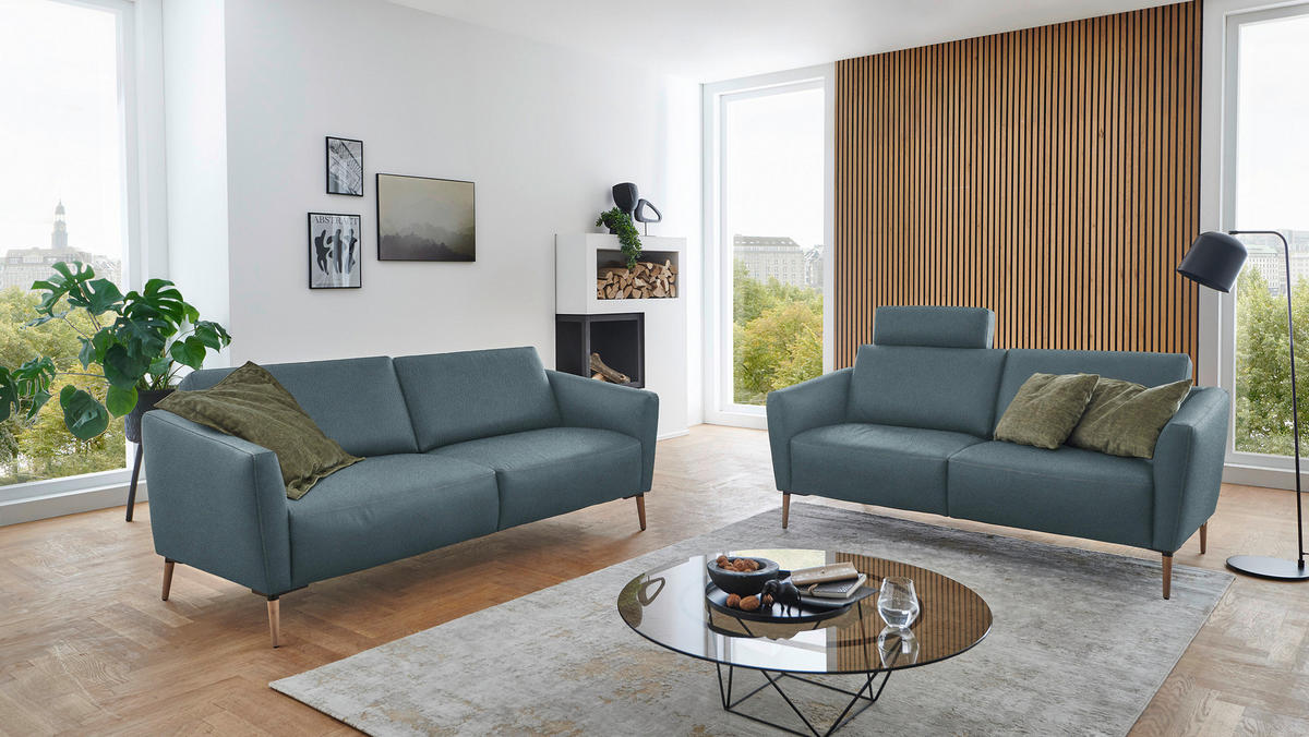 2-SITZER-SOFA  in Echtleder Blaugrau   - Eichefarben/Beige, Natur, Leder/Holz (207/86/87cm) - Valnatura