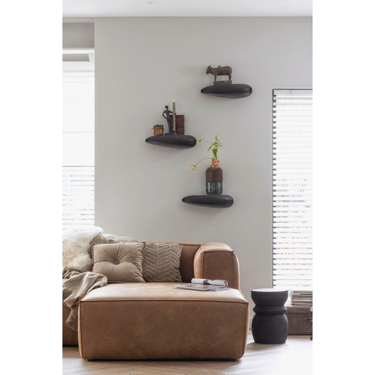 ECKSOFA Bean Cognac Kombination Echtleder/Stoff Lederlook  - Cognac/Schwarz, Design, Leder/Kunststoff (305/175cm) - Livetastic