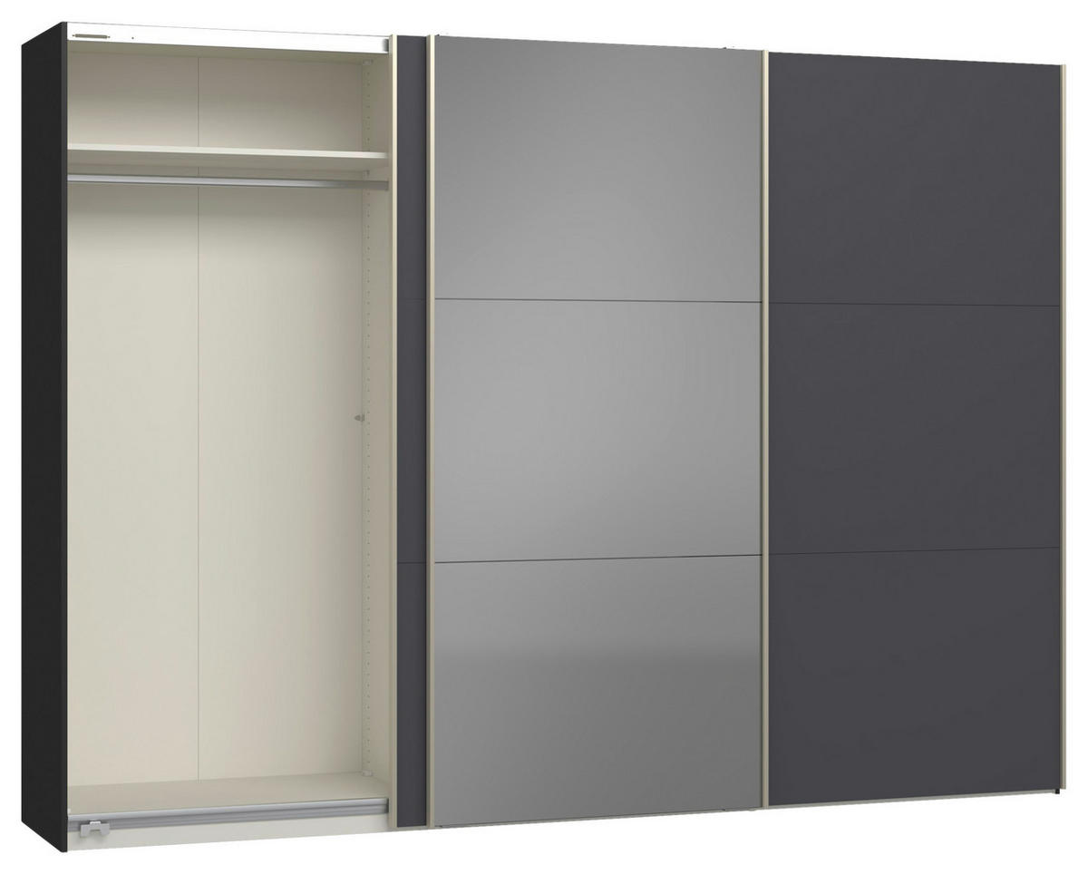 SCHWEBETÜRENSCHRANK 303/220/65 cm 3-türig Anthrazit, Schwarz  - Edelstahlfarben/Anthrazit, Design, Glas/Holzwerkstoff (303/220/65cm) - Jutzler