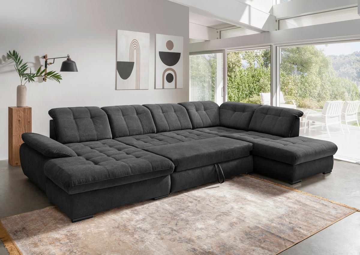 WOHNLANDSCHAFT in Chenille Anthrazit  - Anthrazit/Schwarz, Modern, Textil/Metall (184/387/252cm) - Livetastic