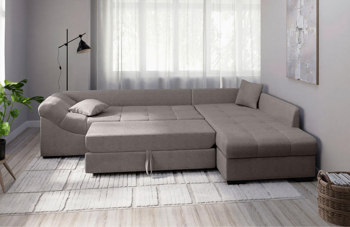 ECKSCHLAFSOFA in Graubraun Textil   - Graubraun/Schwarz, Modern, Holz/Textil (298/202cm) - MID.YOU
