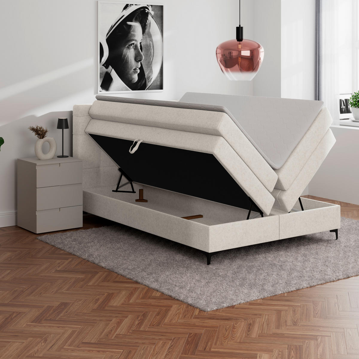 BOXSPRINGBETT 140/200 cm,  in Creme, H3 = fest  - Creme/Schwarz, KONVENTIONELL, Kunststoff/Textil (140/200cm)