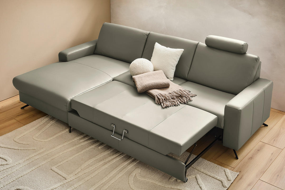 ECKSOFA in Echtleder Hellgrau  165/267 cm  - Hellgrau/Schwarz, Design, Leder/Metall (165/267cm) - Lomoco