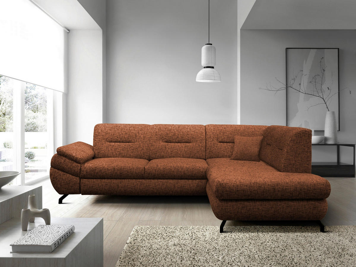 ECKSOFA in Struktur, Plüsch Rostfarben  - Rostfarben/Schwarz, Design, Textil/Metall (274/201cm) - MID.YOU