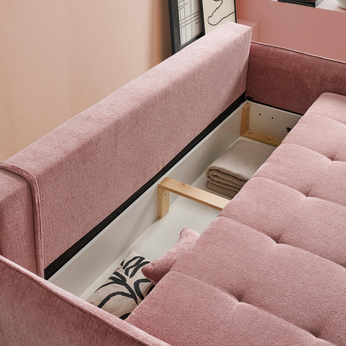 SCHLAFSOFA  in Chenille Altrosa  - Buchefarben/Altrosa, Design, Holz/Textil (217/97/101cm) - Carryhome