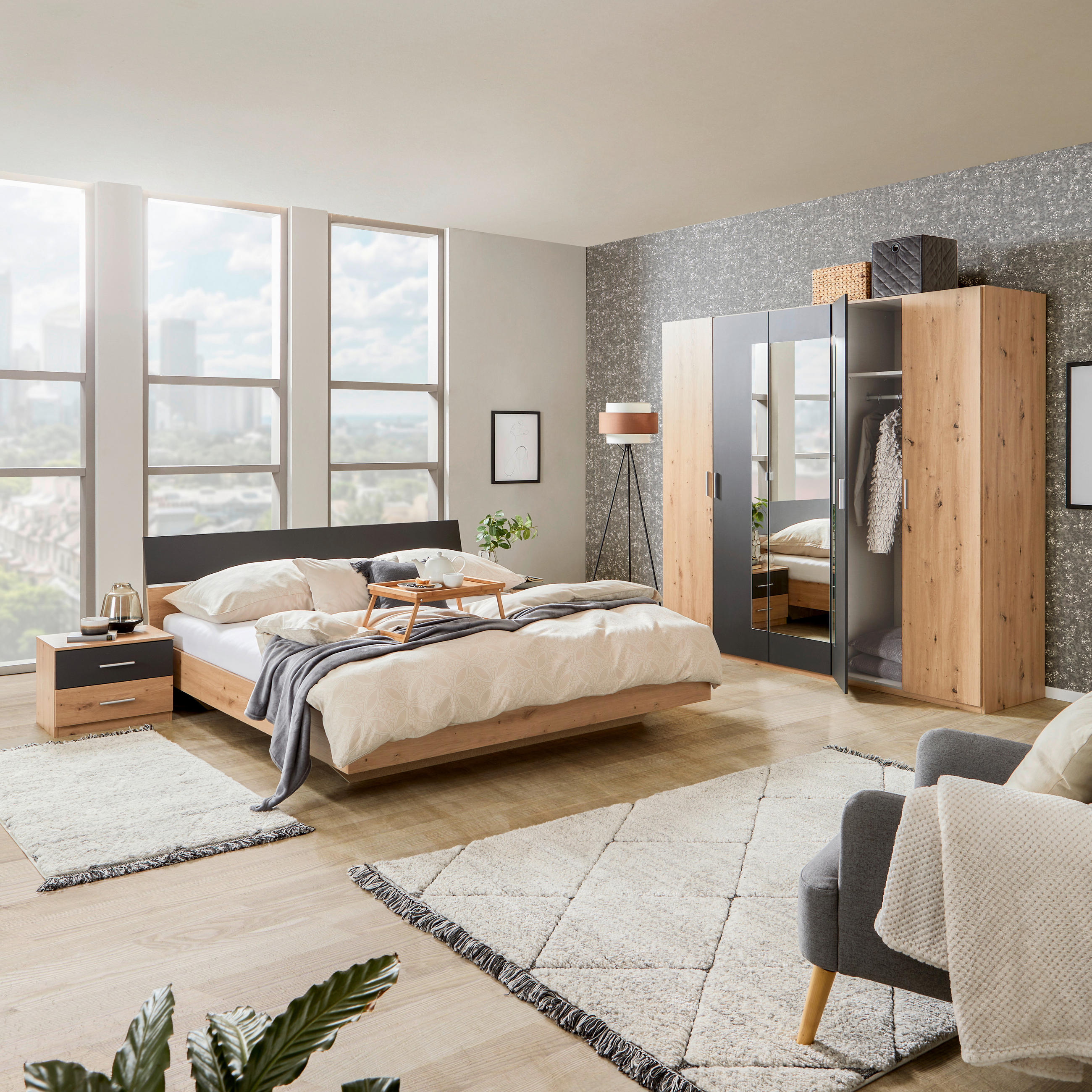 mid.you schlafzimmer 4-teilig grau & eichefarben