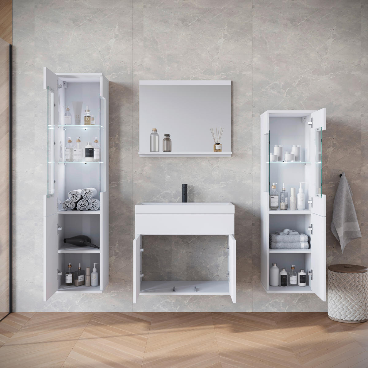 BADEZIMMER 5-teilig  in 120,4 cm  - Weiß Hochglanz/Weiß, Trend, Glas/Keramik (120,4cm) - P & B