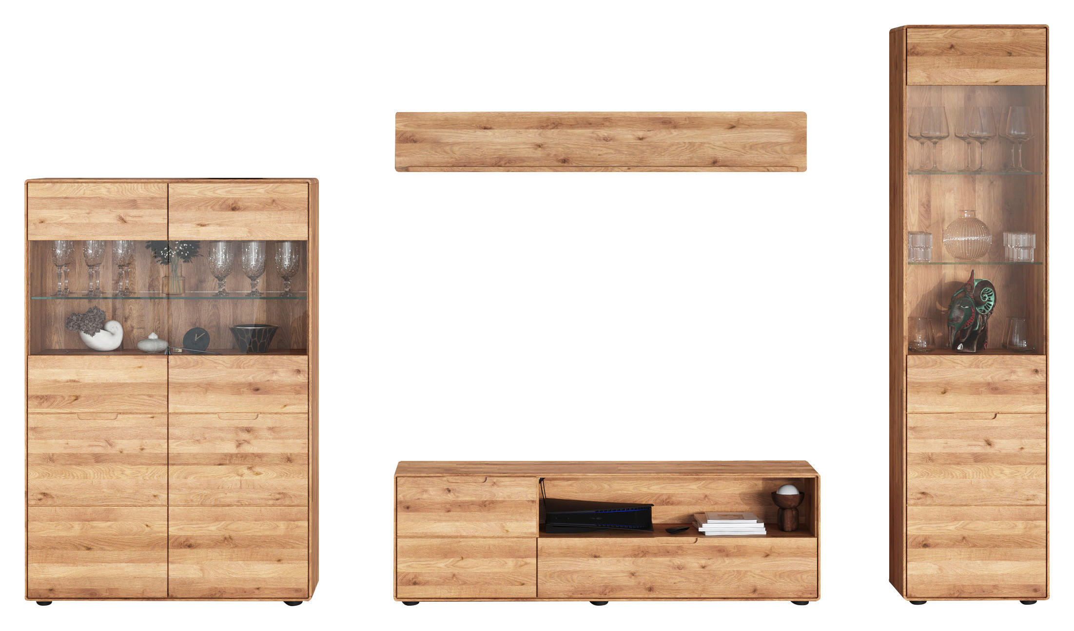 WOHNWAND 4-teilig  in Wildeiche  320/200/40 cm  - Wildeiche, KONVENTIONELL, Glas/Holz (320/200/40cm) - Linea Natura