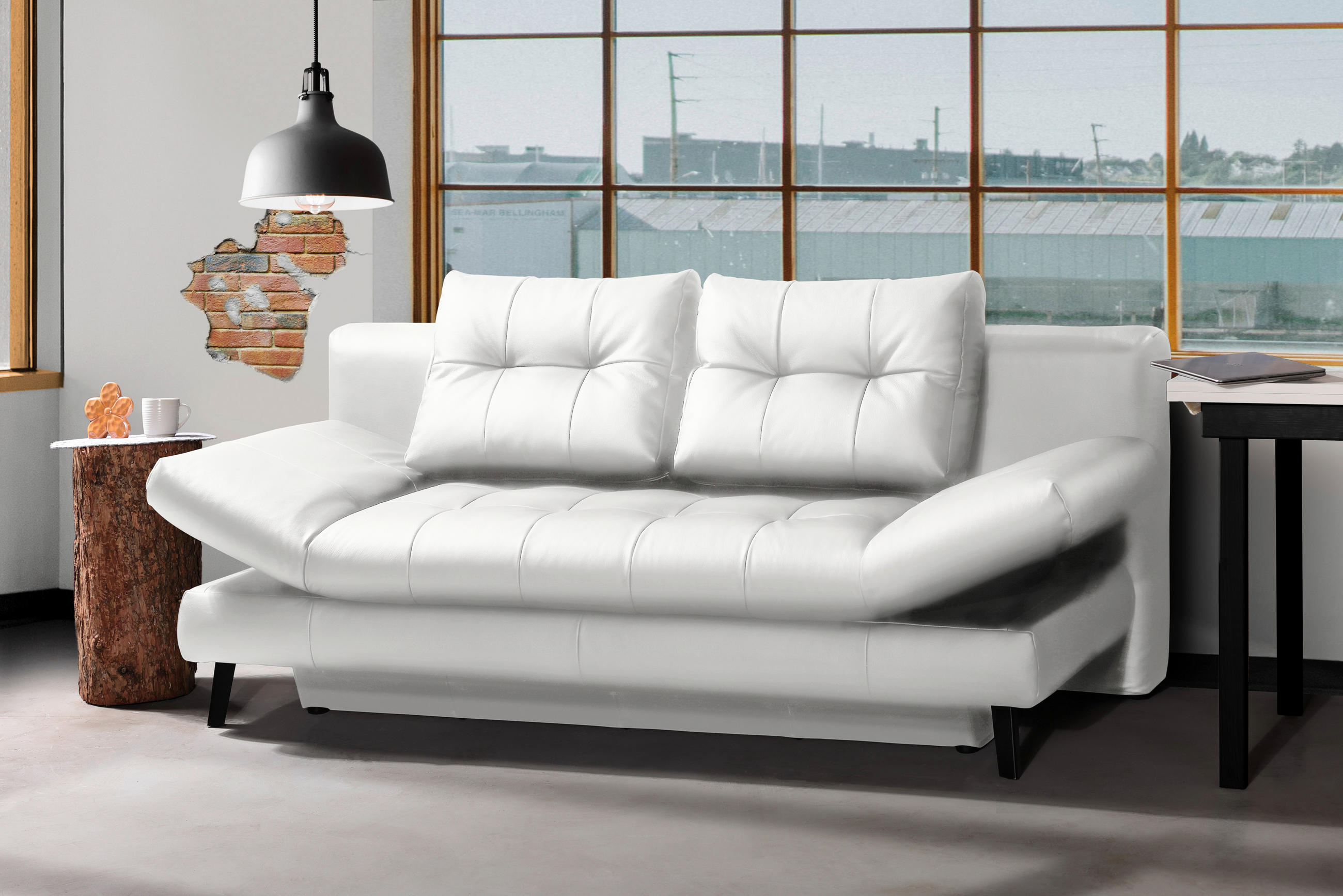 SCHLAFSOFA in Echtleder Weiss  - Weiss/Schwarz, Design, Leder/Metall (209/94/94cm) - Novel