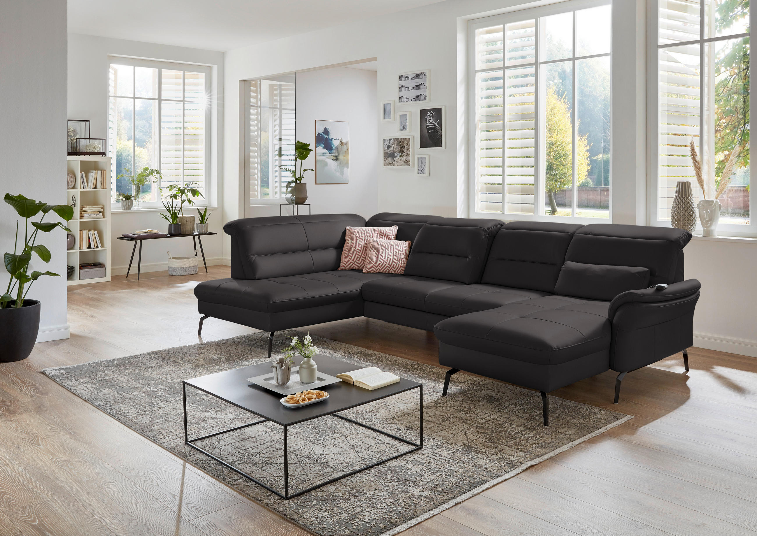 WOHNLANDSCHAFT in Echtleder Schwarz  - Schwarz, Design, Leder/Metall (206/336/181cm) - Beldomo Speed