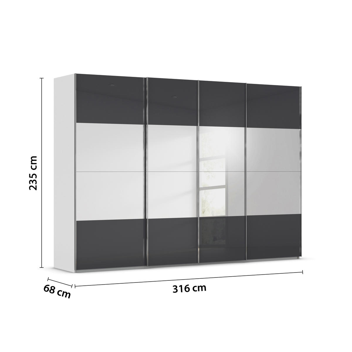 SCHWEBETÜRENSCHRANK 316/235/68 cm 4-türig Schwarz, Seidengrau  - Chromfarben/Seidengrau, Design, Glas/Holzwerkstoff (316/235/68cm) - Novel