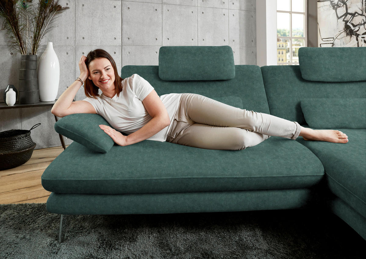 ECKSOFA in Velours Blau, Grün  284/184 cm  - Blau/Schwarz, Design, Textil/Metall (284/184cm) - Dieter Knoll