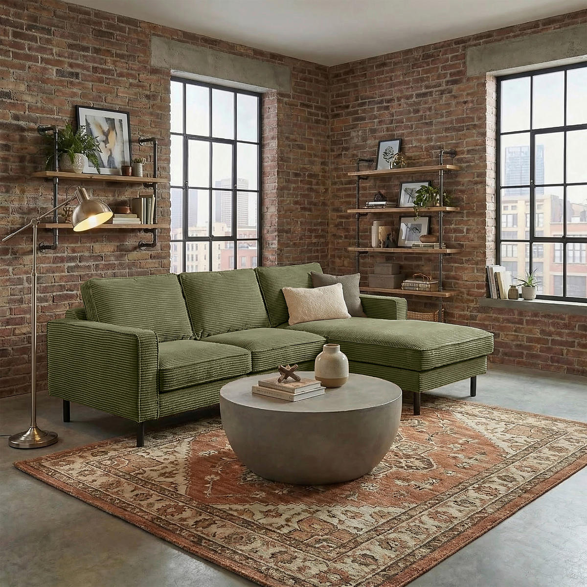 ECKSOFA Cord Olivgrün  - Schwarz/Olivgrün, Design, Textil/Metall (238/166cm) - Livetastic