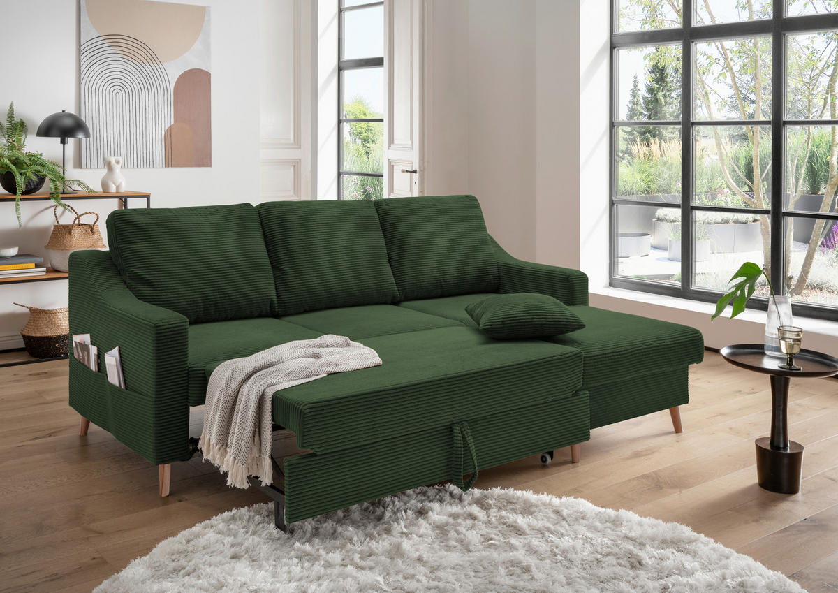 ECKSOFA Dunkelgrün Cord  - Dunkelgrün/Naturfarben, Design, Holz/Textil (228/150cm) - P & B