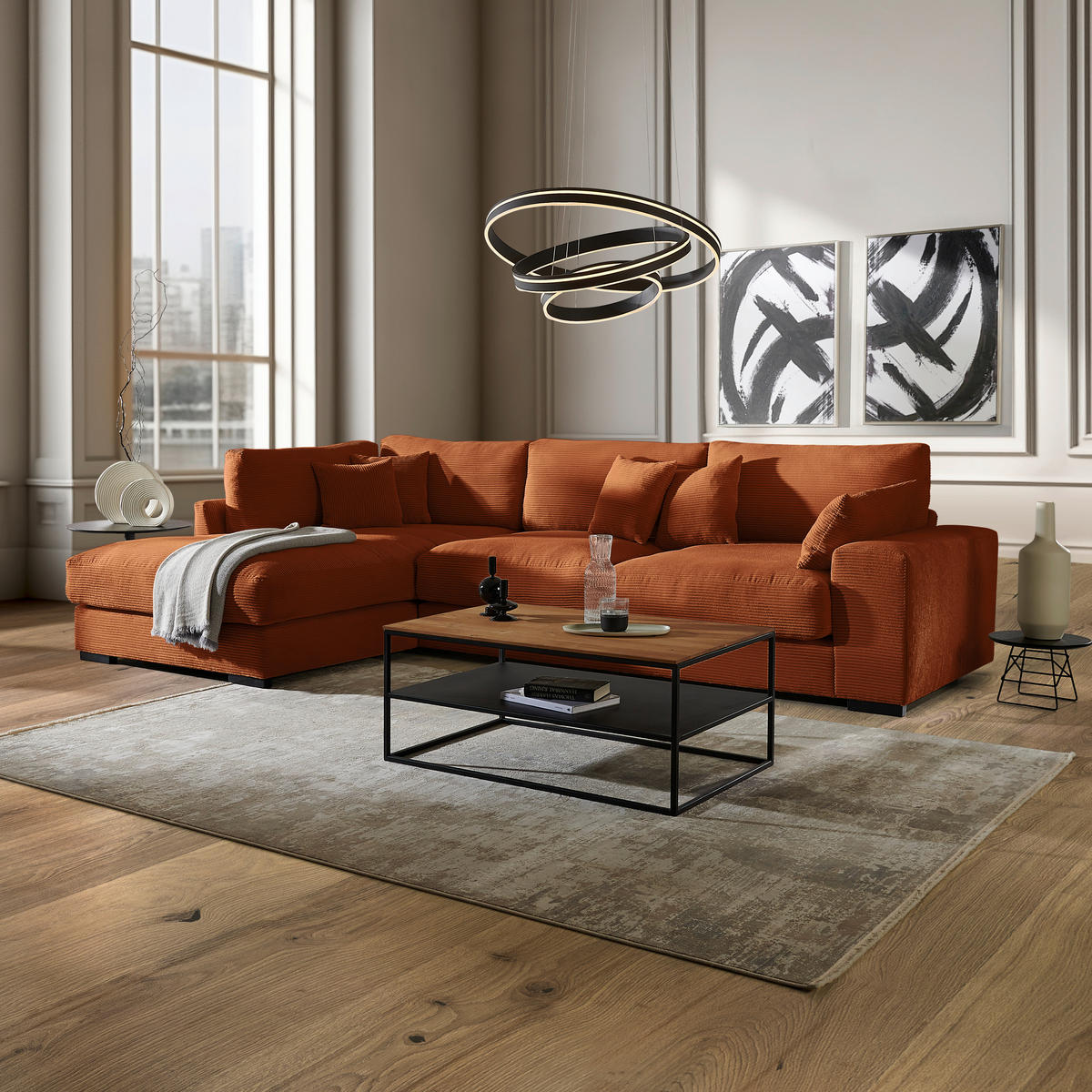 ECKSOFA in Cord Kupferfarben  - Schwarz/Kupferfarben, Design, Kunststoff/Textil (205/340cm) - Lomoco