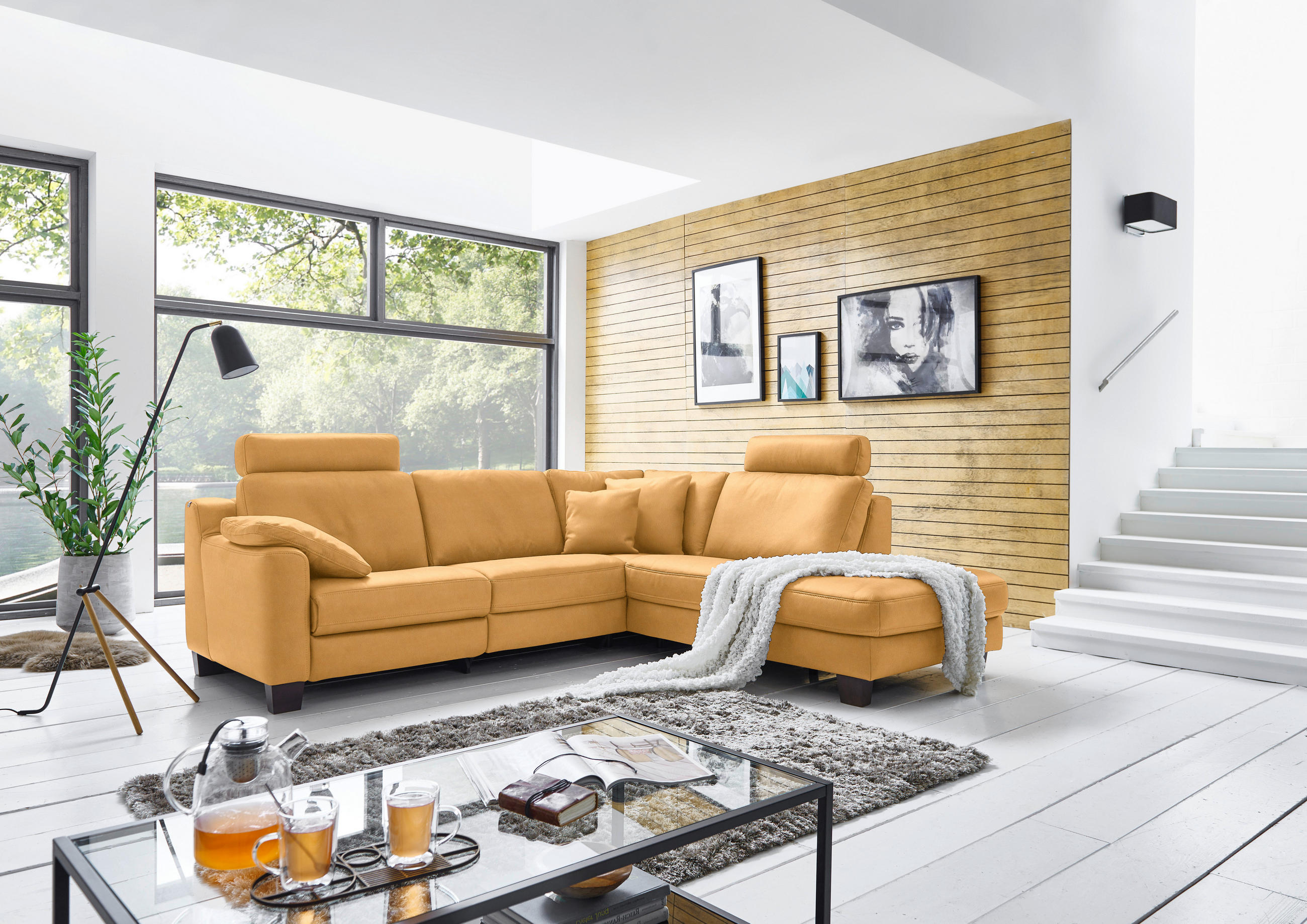 ECKSOFA in Echtleder Currygelb  259/235 cm  - Currygelb/Eichefarben, Design, Leder/Holz (259/235cm) - Valdera