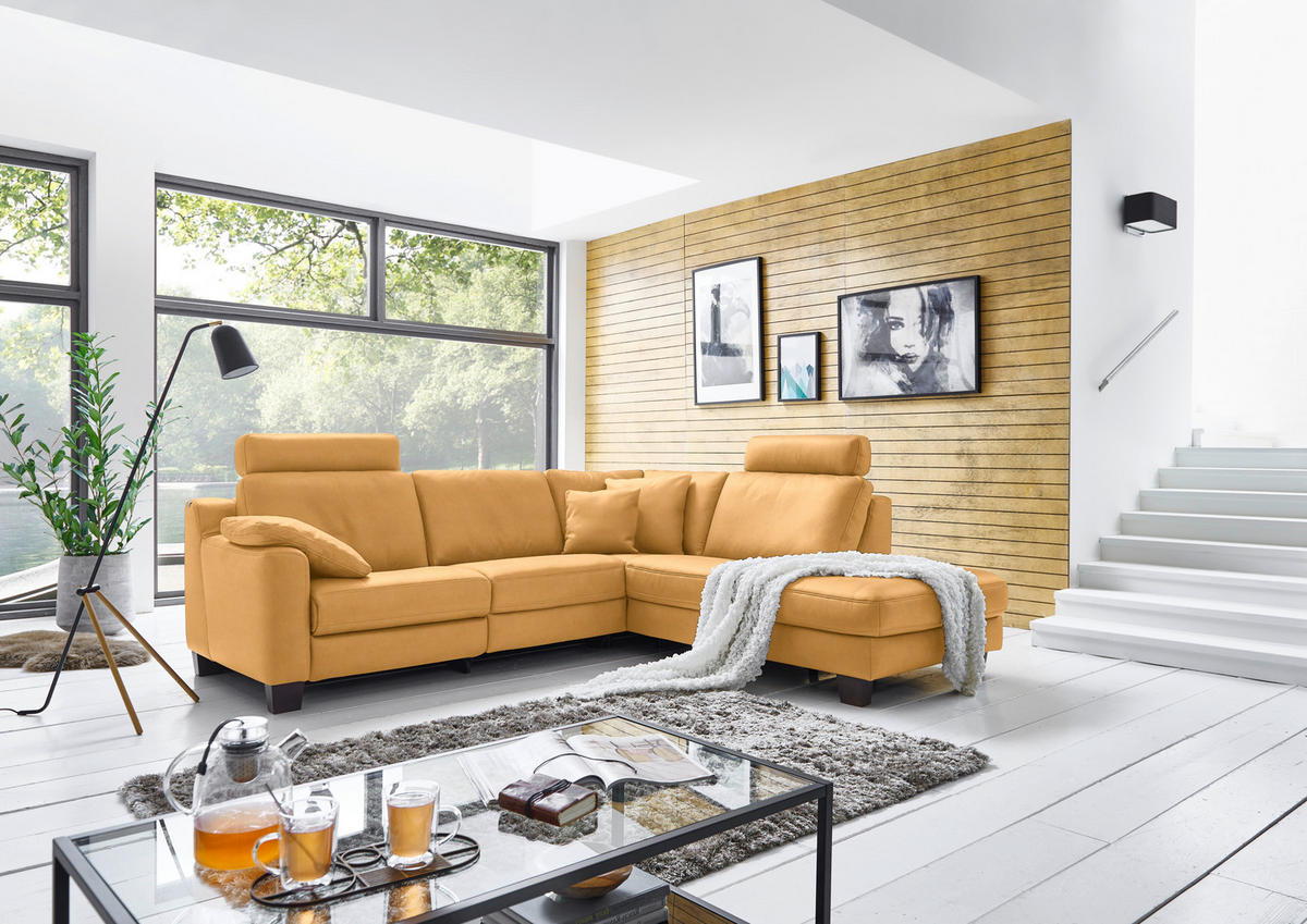 ECKSOFA in Echtleder Currygelb  - Currygelb/Eichefarben, Design, Leder/Holz (259/235cm) - Valdera