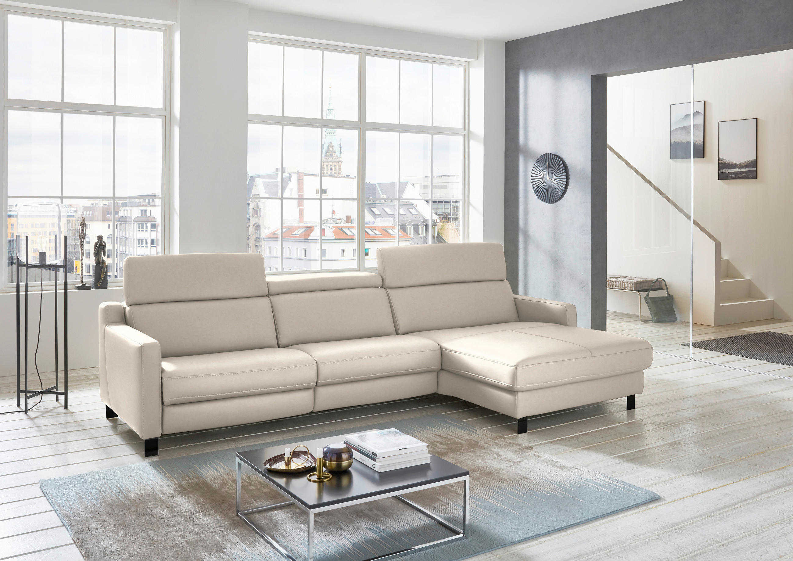 ECKSOFA in Echtleder Greige  - Greige/Schwarz, Design, Leder/Metall (291/176cm) - Valdera
