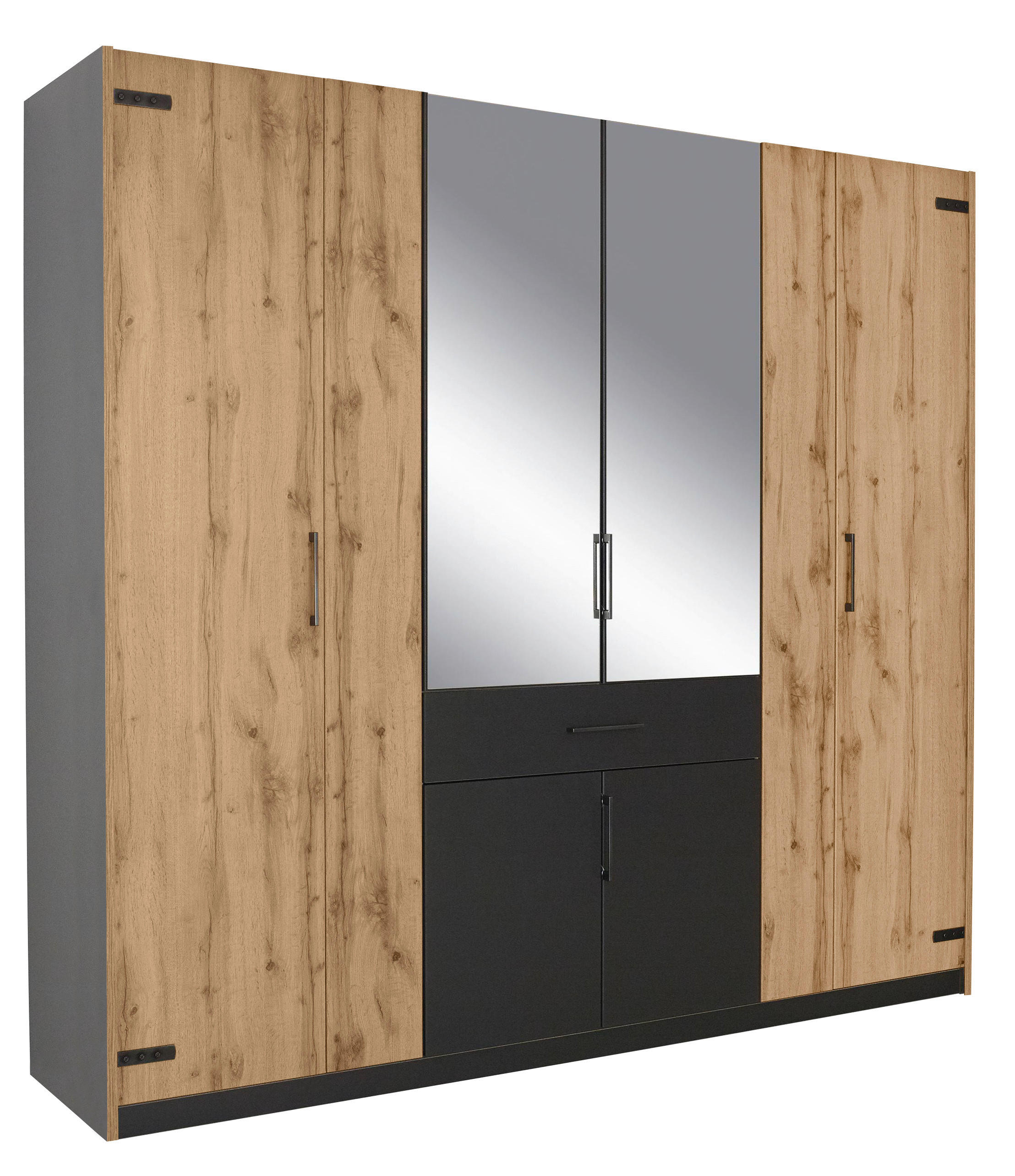 Rauch Möbel Drehtürenschrank Silber, Dunkelgrau, Eiche Artisan 226x210x57 cm