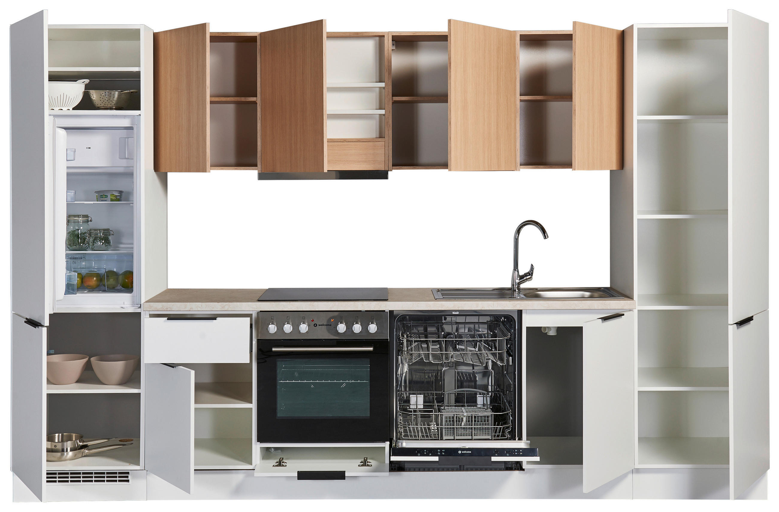 KÜCHENBLOCK 340 cm   in Weiß, Eichefarben  - Eichefarben/Beige, Design, Holzwerkstoff/Metall (340cm) - MID.YOU