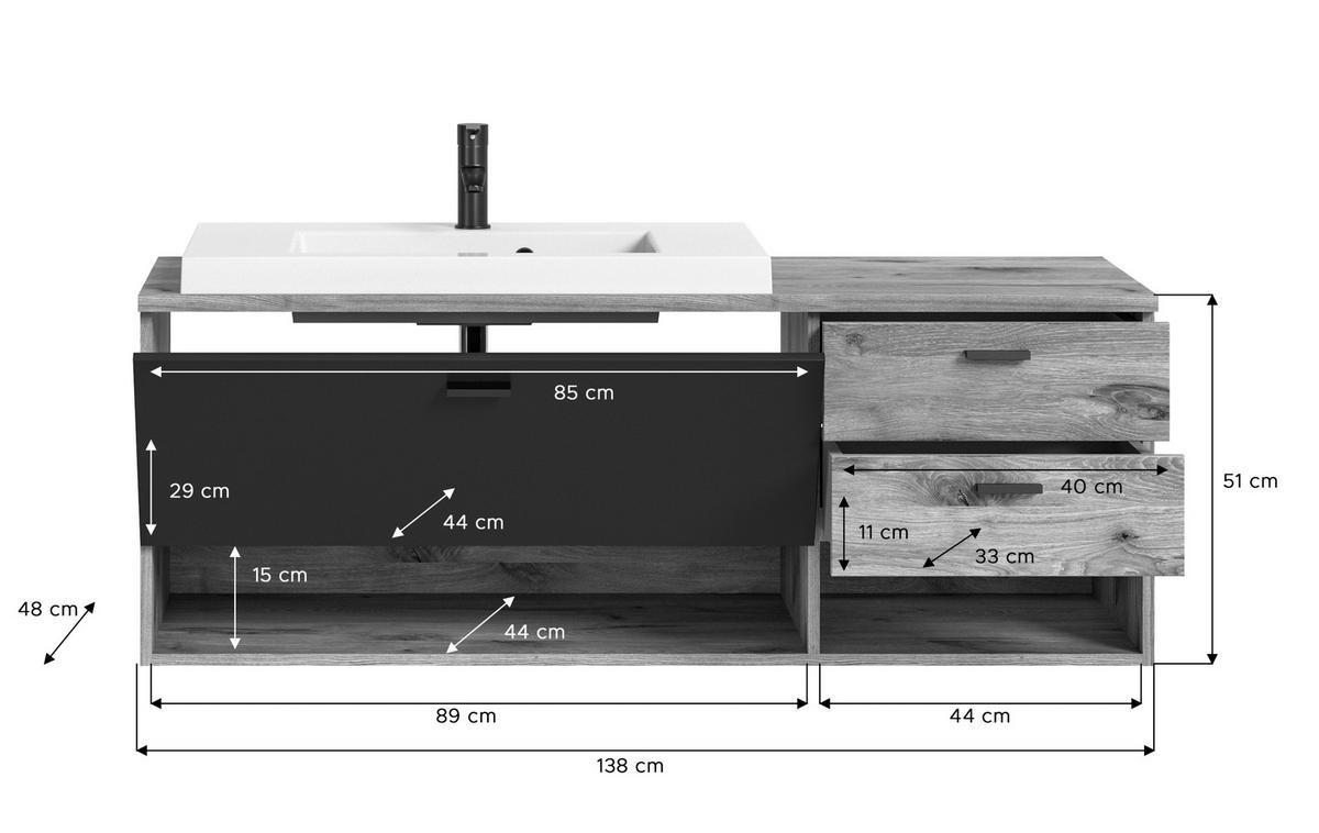 UMIVAL. ENOTA Z UMIVALNIKOM  - siva/barve hrasta, Moderno, kovina/umetna masa (140cm) - MID.YOU