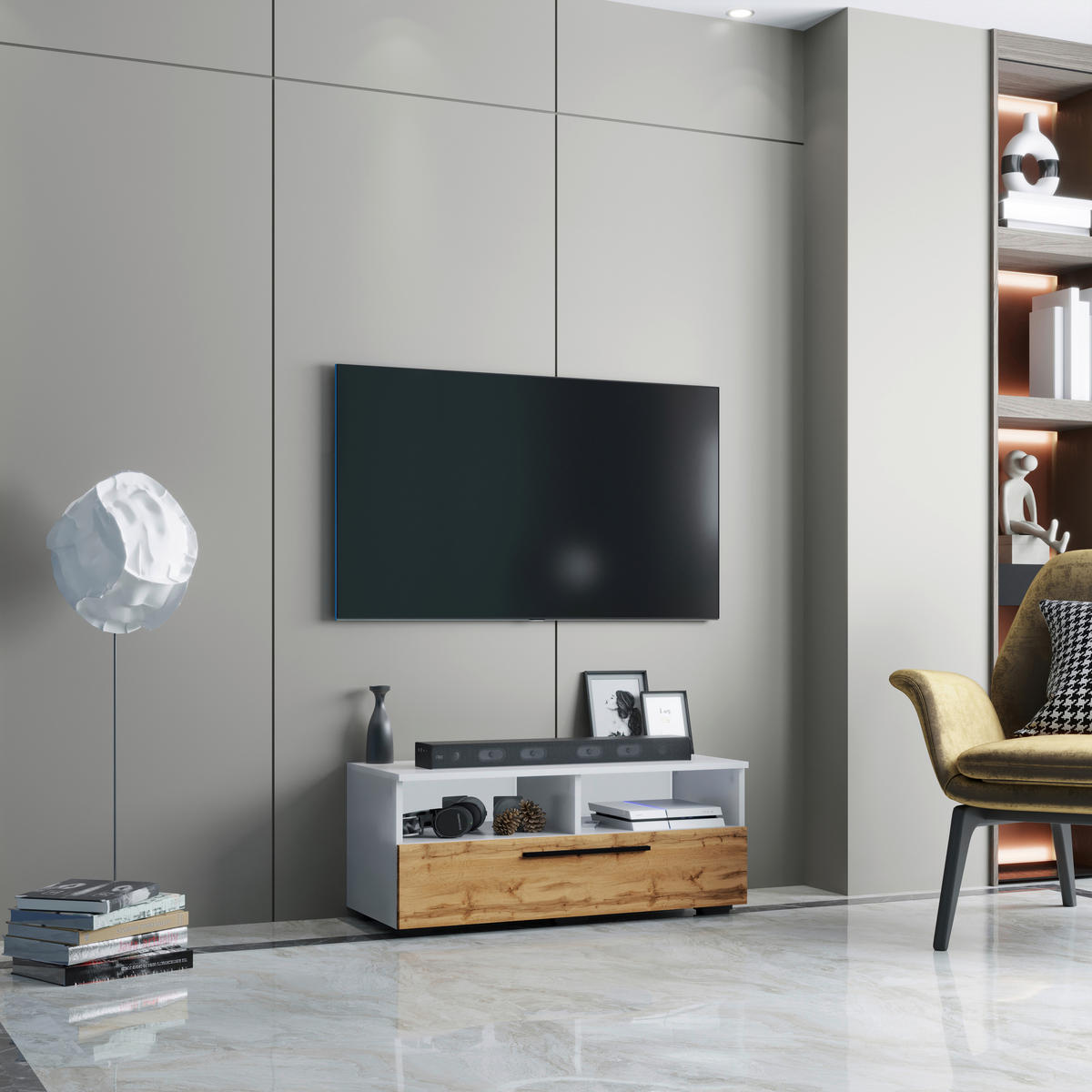 TV-BÄNK  i 95/39/40 cm  - honungsek/vit, Modern, metall/trämaterial (95/39/40cm) - MID.YOU