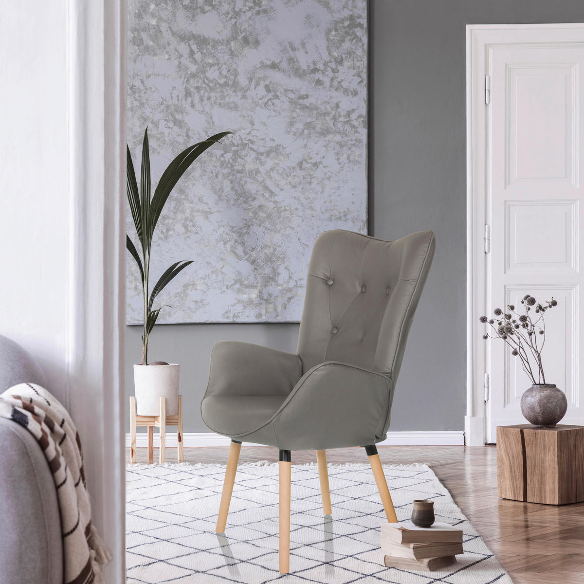 OHRENSESSEL in Velours Grau  - Buchefarben/Grau, MODERN, Holz/Textil (70/106/75cm) - MID.YOU