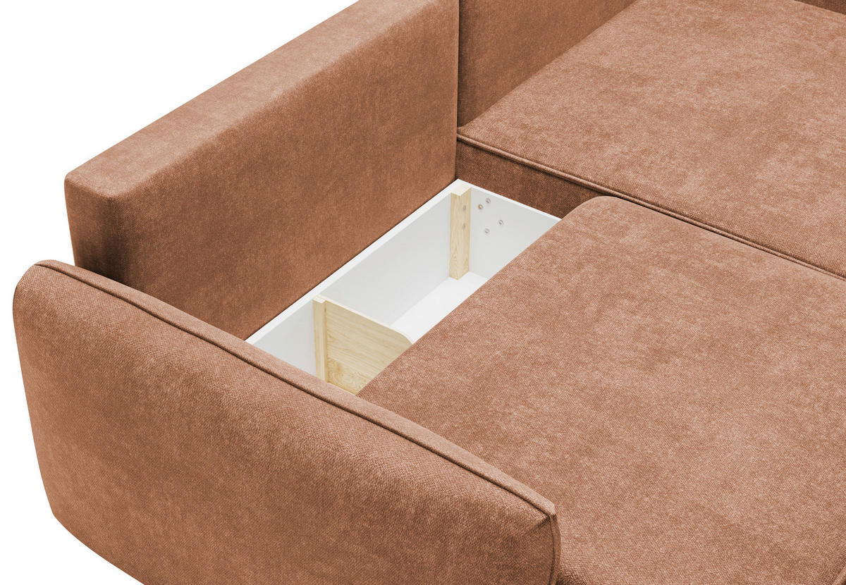 ECKSOFA Terracotta Struktur Rückenkissen, Bettkasten, Schlaffunktion, Rücken echt, Liegefläche im Originalstoff  - Terracotta/Schwarz, KONVENTIONELL, Kunststoff/Textil (266/148cm) - Milino