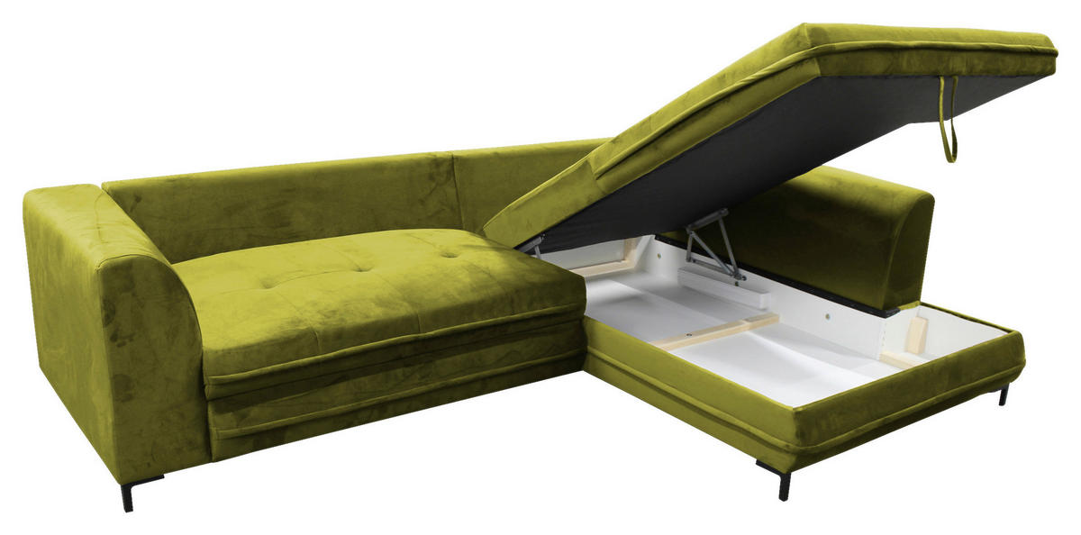 ECKSCHLAFSOFA  mit Rücken echt, Armteil rechts Velours Hellgrün  - Schwarz/Hellgrün, Design, Textil/Metall (277/187cm) - Livetastic