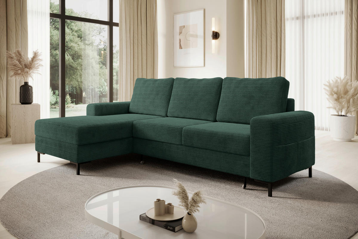ECKSOFA Dunkelgrün Cord  - Dunkelgrün/Schwarz, KONVENTIONELL, Textil/Metall (150/240cm) - Carryhome