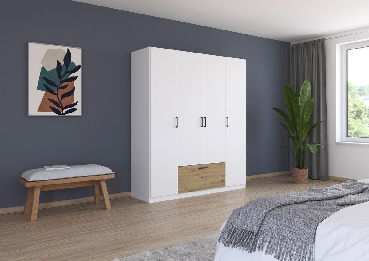KLEIDERSCHRANK in Weiss, Eiche Artisan  - Weiss/Eiche Artisan, Basics, Holzwerkstoff/Metall (181/210/54cm) - Boxxx