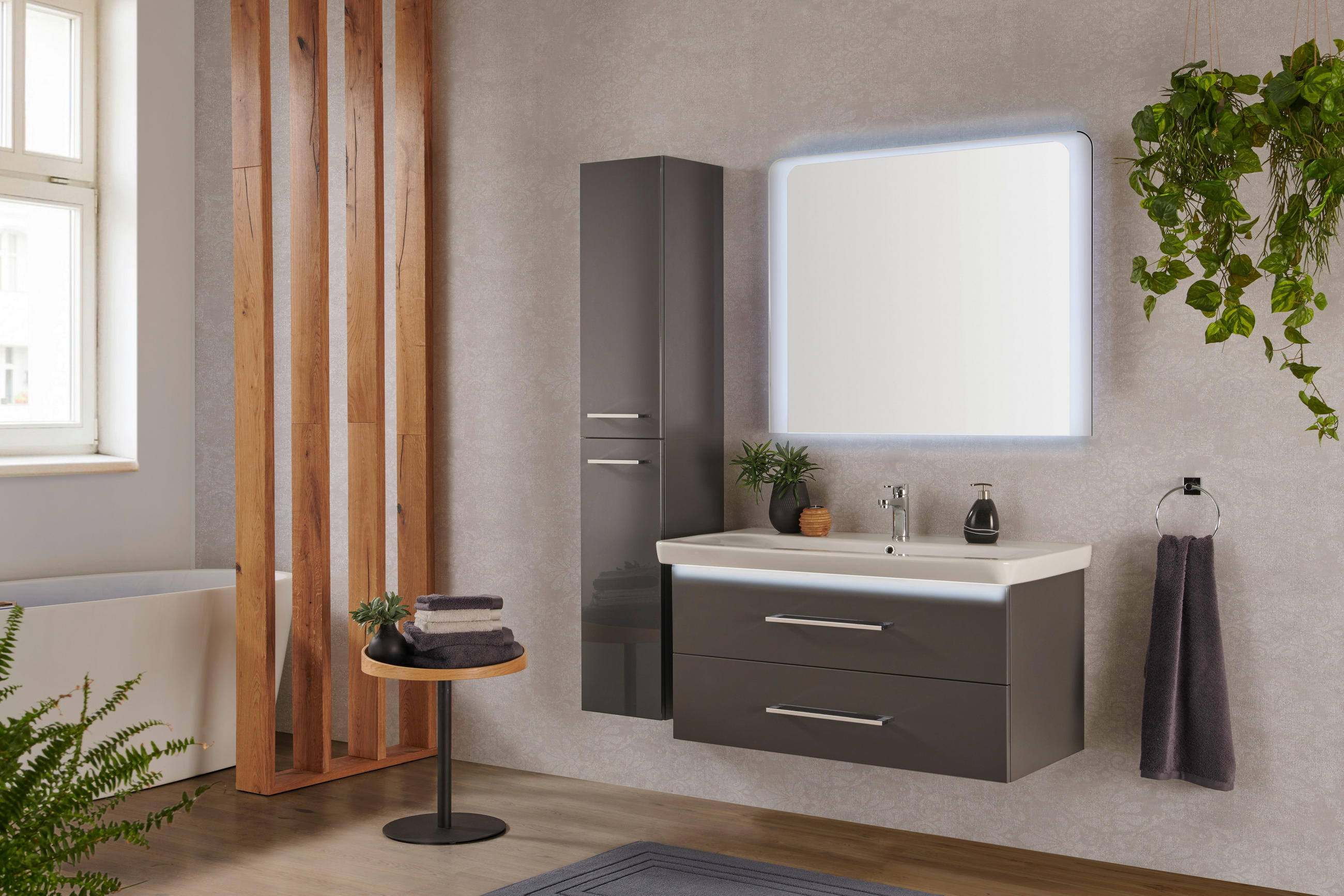 Thumbnail - Voleo Hochschrank Lara, Anthrazit, Glas, 4 Fächer, 30x159x32 cm, Made in Germany, hängend, Badezimmer, Badezimmerschränk...