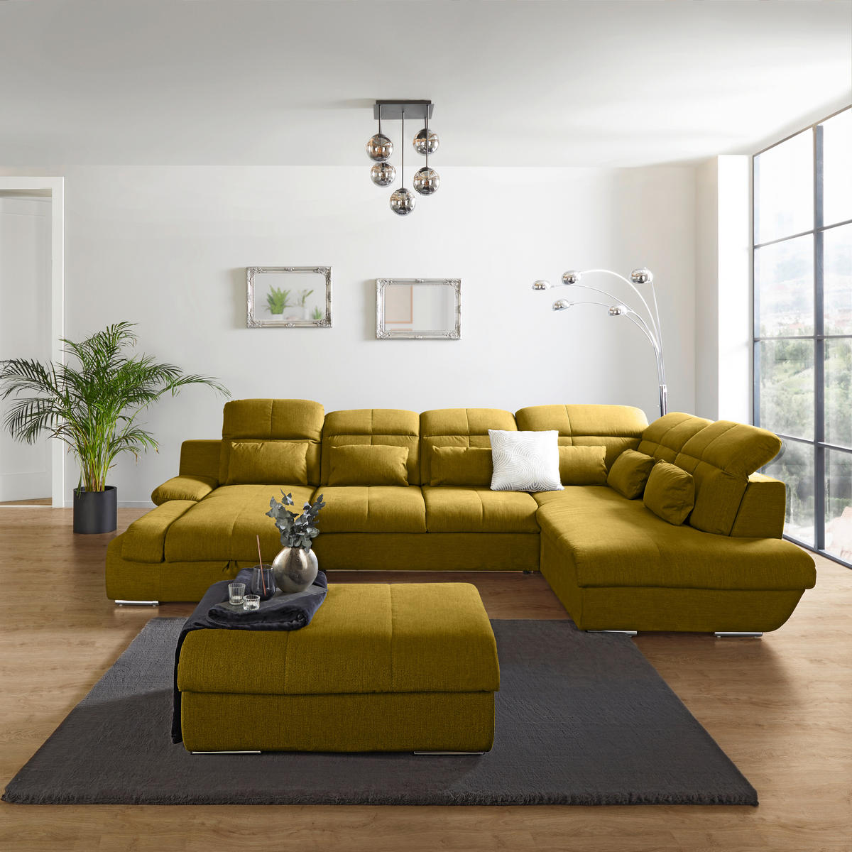 WOHNLANDSCHAFT Senfgelb Mikrofaser  - Chromfarben/Senfgelb, MODERN, Textil/Metall (184/345/228cm) - MID.YOU