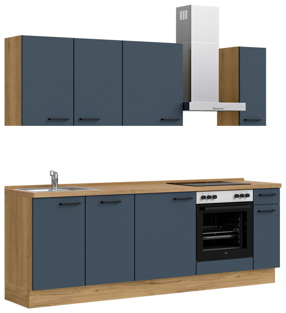 KÜCHENBLOCK 240 cm   in Eichefarben, Dunkelblau  - Eichefarben/Schwarz, MODERN, Holzwerkstoff/Metall (240cm) - Nobilia