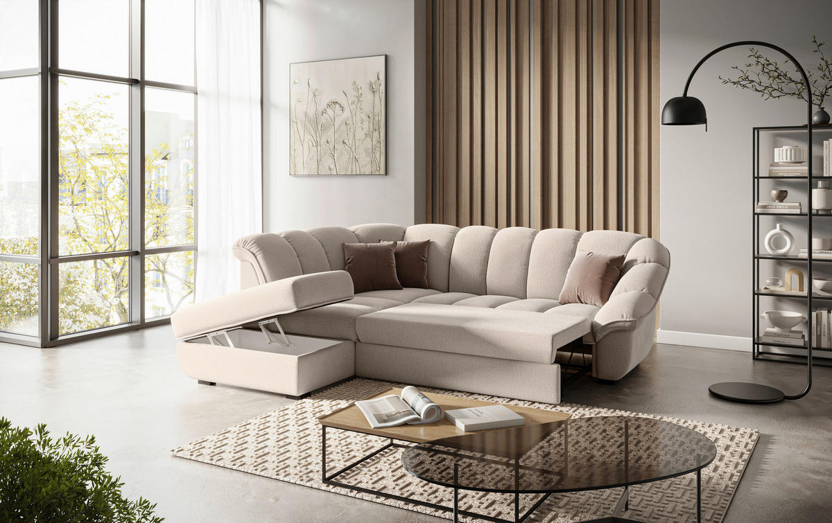 ECKSOFA Naturfarben Chenille Bettkasten, Schlaffunktion, Rücken echt  - Schwarz/Naturfarben, KONVENTIONELL, Kunststoff/Textil (222/260cm) - Welnova