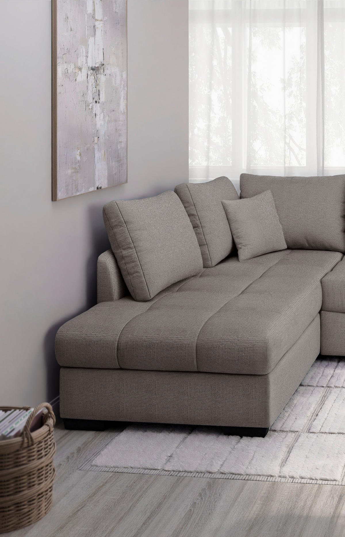ECKSCHLAFSOFA Graubraun Chenille  - Graubraun/Schwarz, MODERN, Holz/Textil (202/298cm) - MID.YOU
