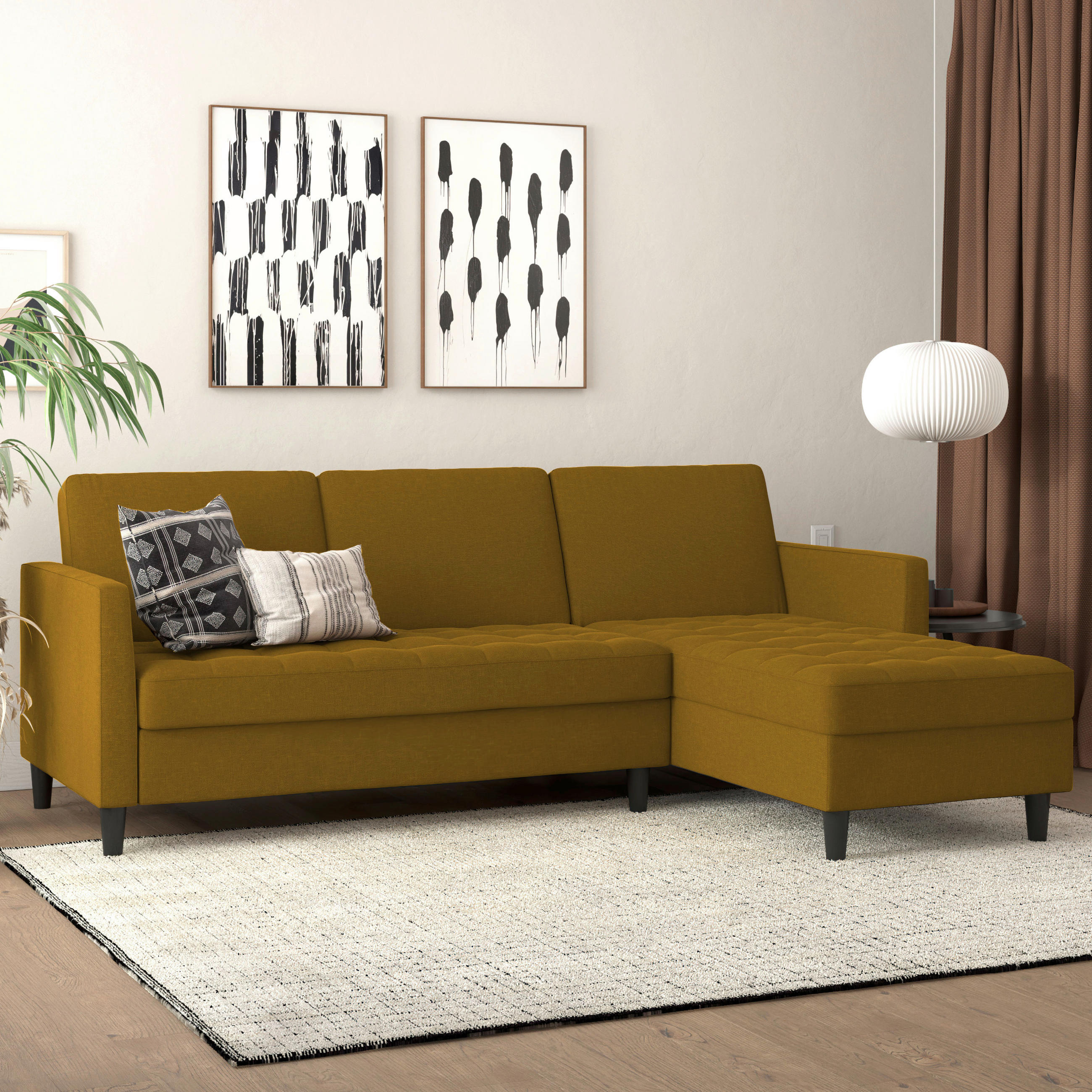 ECKSOFA PALERMO Currygelb Webstoff, Leinenoptik Schlaffunktion, Stauraum  - Currygelb/Schwarz, Basics, Kunststoff/Textil (213/154cm) - Livetastic