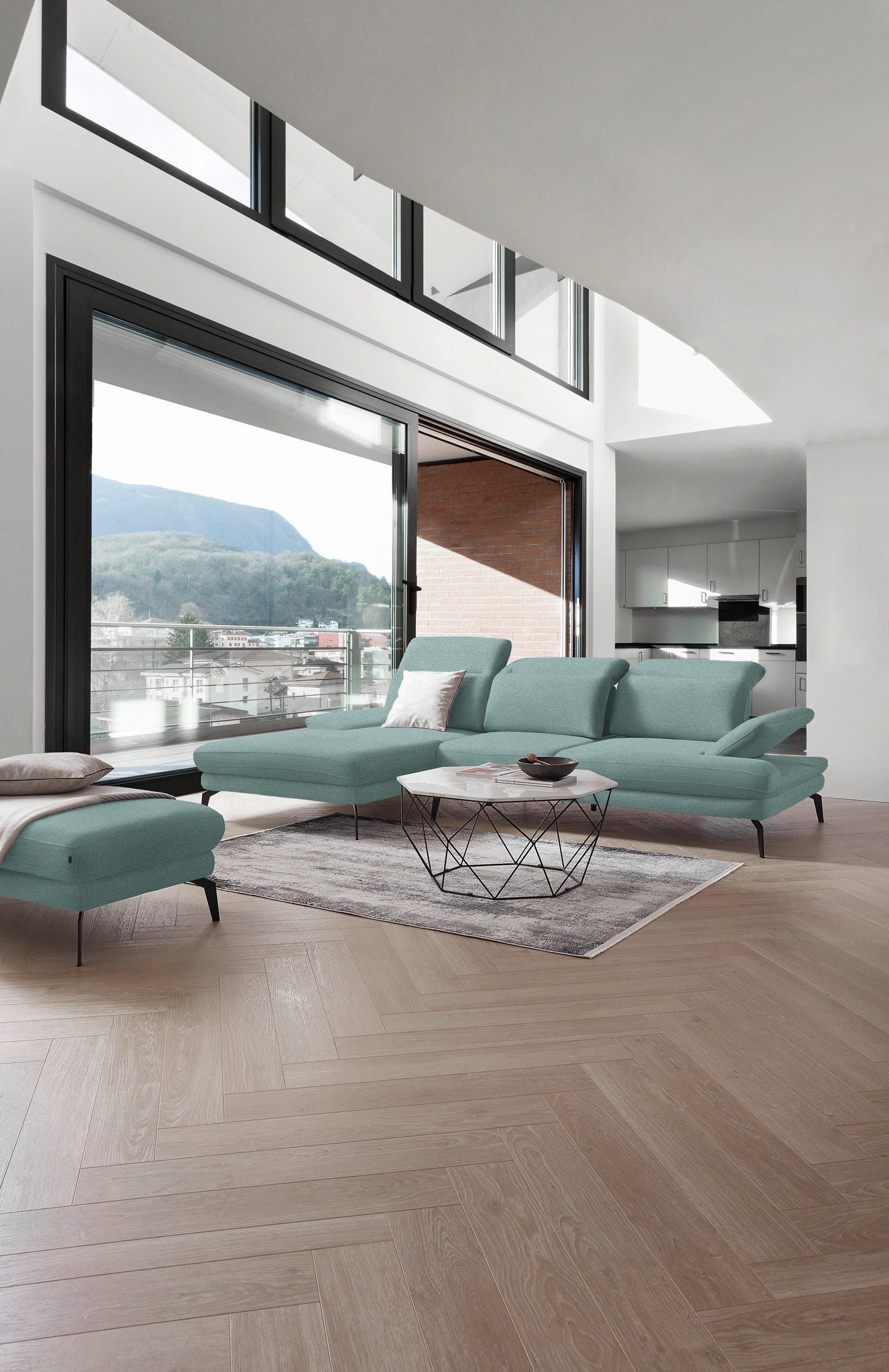 ECKSOFA Türkis Webstoff  - Türkis/Schwarz, Design, Textil/Metall (180/289cm) - Stylife